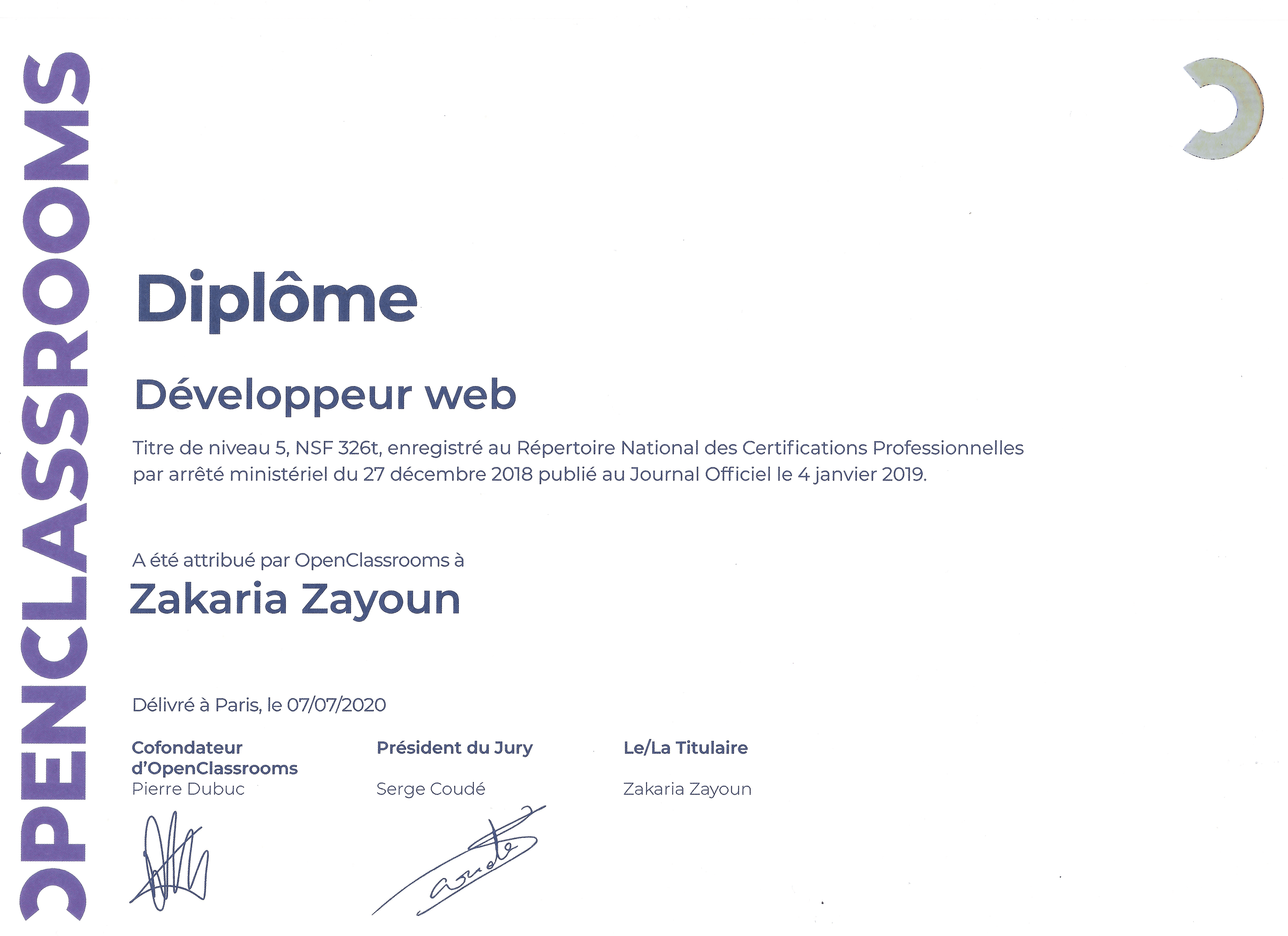 Diplôme de développeur web de Zakaria Zayoun obtenu chez OpenClassrooms.