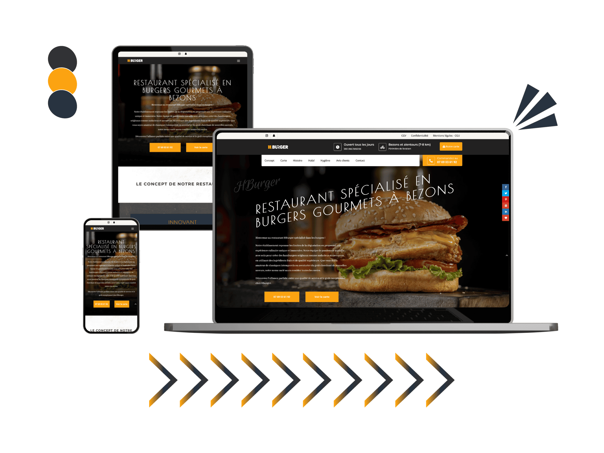 Design site hburger ordinateur - tablette - téléphone Design de site web réalisé pour hburger (version ordinateur, tablette et téléphone).