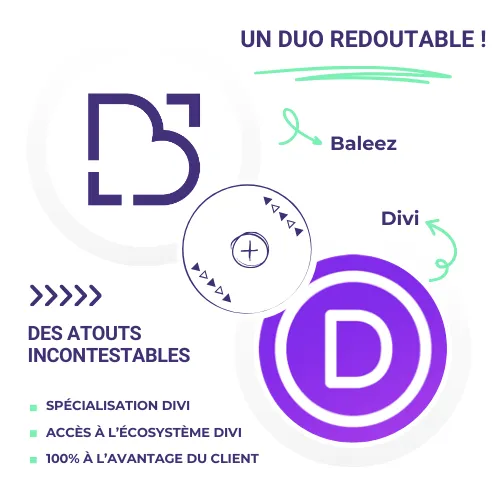 Duo entreprise Baleez et le thème Divi afin de proposer aux clients des développements professionnels pour sites internet.