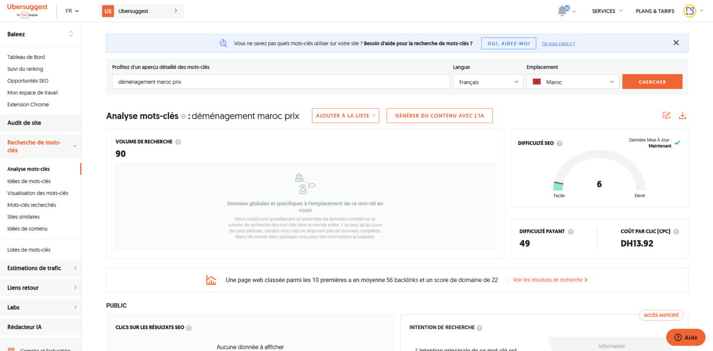 Analyse de mot-clé sur l'outil SEO Ubersuggest à propos de la requête "déménagement maroc prix" afin d'en tirer deux métriques essentielles : volume de recherche et score de difficulté.