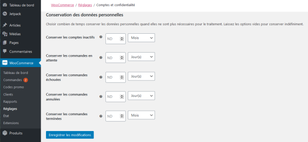 Rubrique "Conservation des données personnelles" de l'extension WooCommerce où il est possible d'obtenir une suppression automatique des données personnelles des utilisateurs en fonction de la durée de conservation fixée sur la politique de confidentialité du site internet (et qui est à saisir dans cette rubrique).