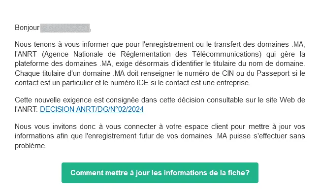 Exemple d'e-mail d'information suite à la décision de l'ANRT 02/2024 sur les nouvelles exigences en matière de renseignements à apporter (CNIE, passeport, ICE).