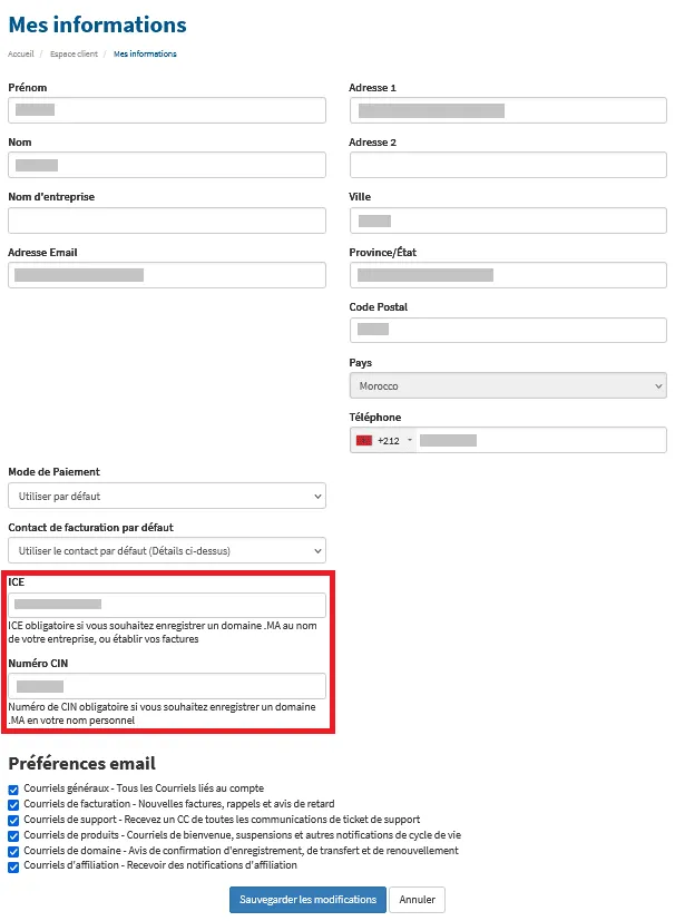 Exemple d'espace client chez un gestionnaire technique où il faut renseigner son numéro de CNIE ou ICE pour son nom de domaine .ma.