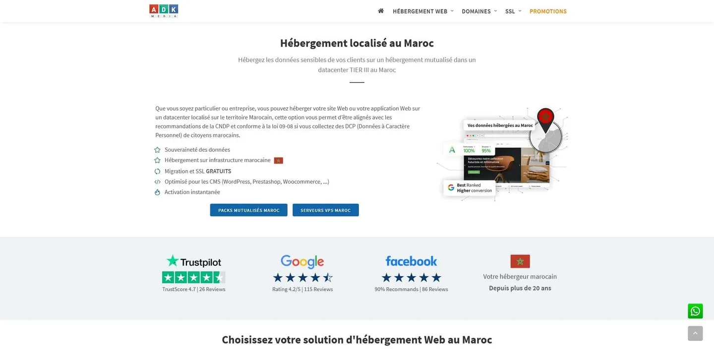 Formules d'hébergement web disponibles chez l'hébergeur ADK-Media avec stockage des données sur le territoire marocain.