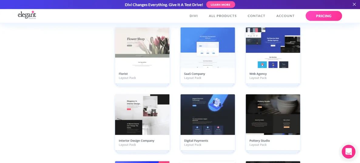 Catalogue de layouts disponibles chez Elegant Themes.