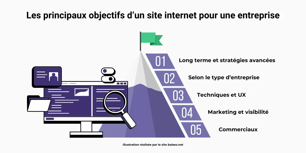 Les principaux objectifs que doit avoir tout site internet d'entreprise : commerciaux, marketing et visibilité, techniques et UX, selon le type d'entreprise, long terme et stratégies avancées.
