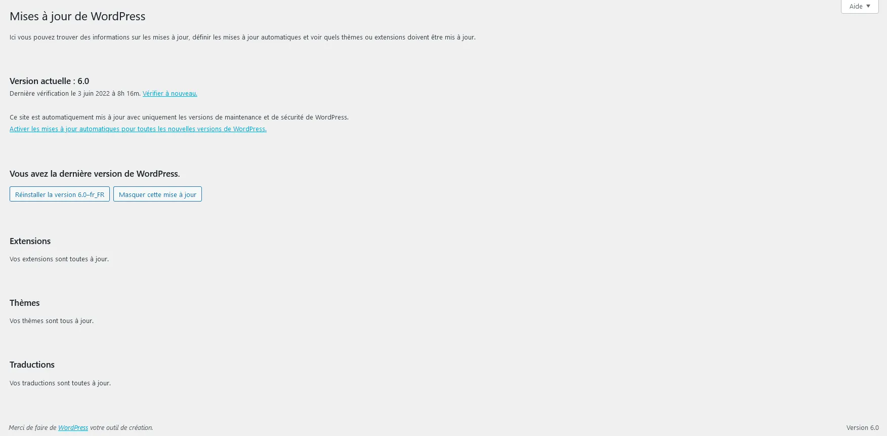 Aperçu de la rubrique "mises à jour" d'un tableau de bord de site internet sous WordPress.