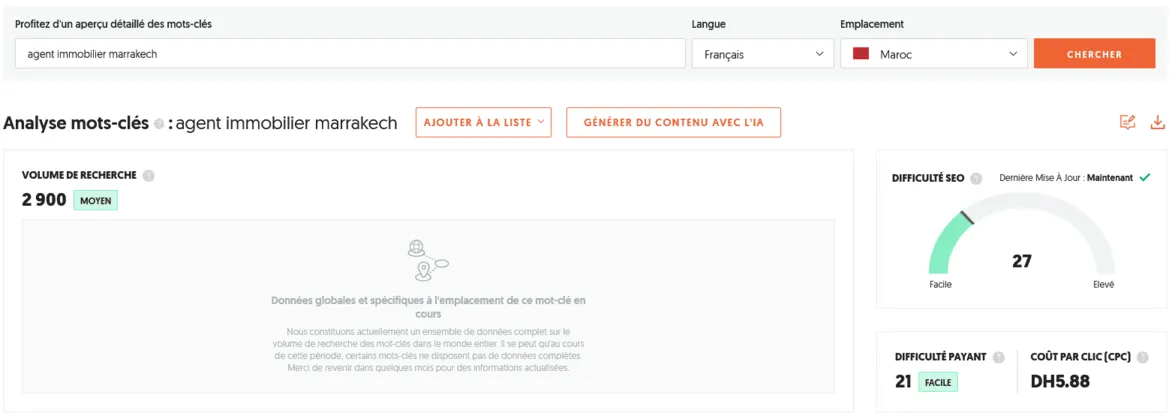 Résultats d'une analyse SEO effectuée à l'aide de l'outil Ubersuggest sur le mot-clé "agent immobilier marrakech".