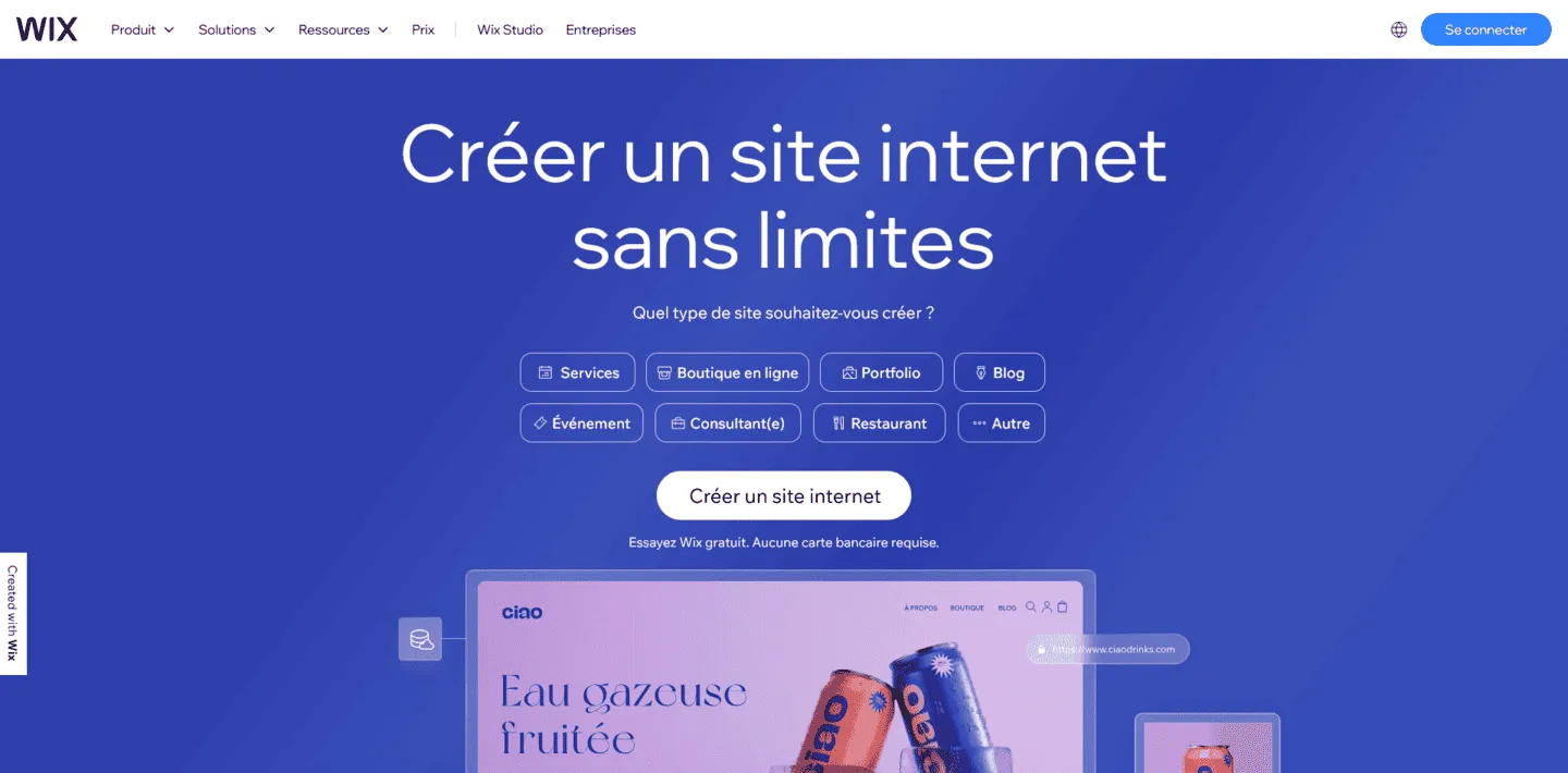 Site officiel présentant l'outil Wix.