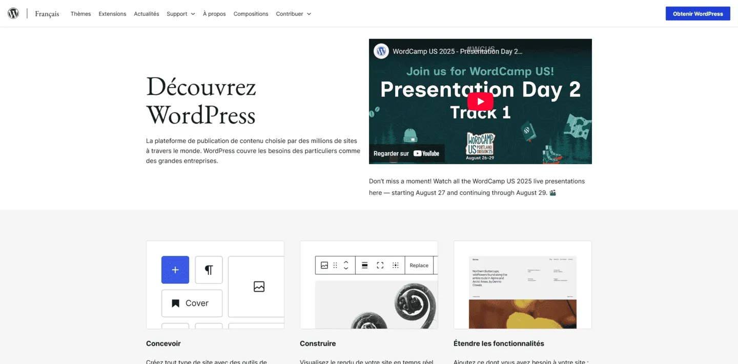 Site officiel présentant l'outil WordPress.