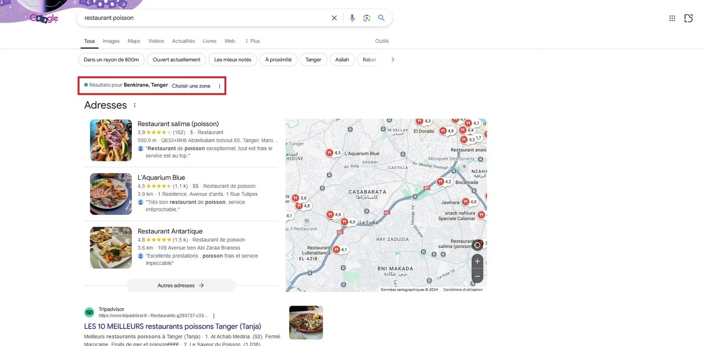 Requête "restaurant poisson" saisie sur le moteur de recherche Google à partir de la localisation : Benkirane, Tanger.