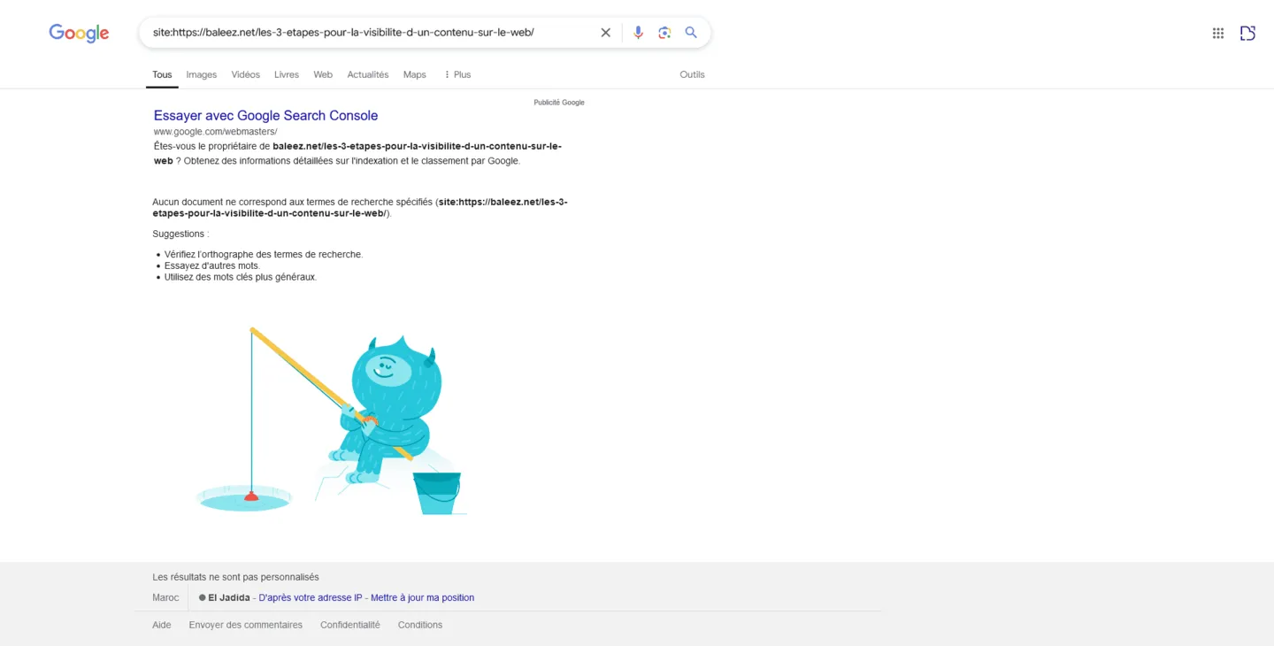 Résultat d'une SERP Google sans affichage de résultat à la suite d'une commande "site:".