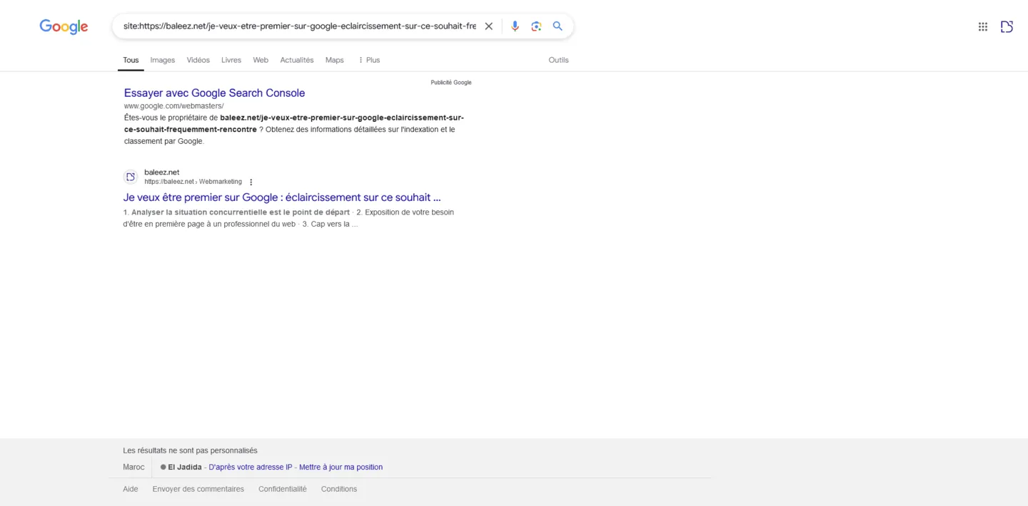 Résultat d'une SERP Google avec affichage d'un résultat à la suite d'une commande "site:".