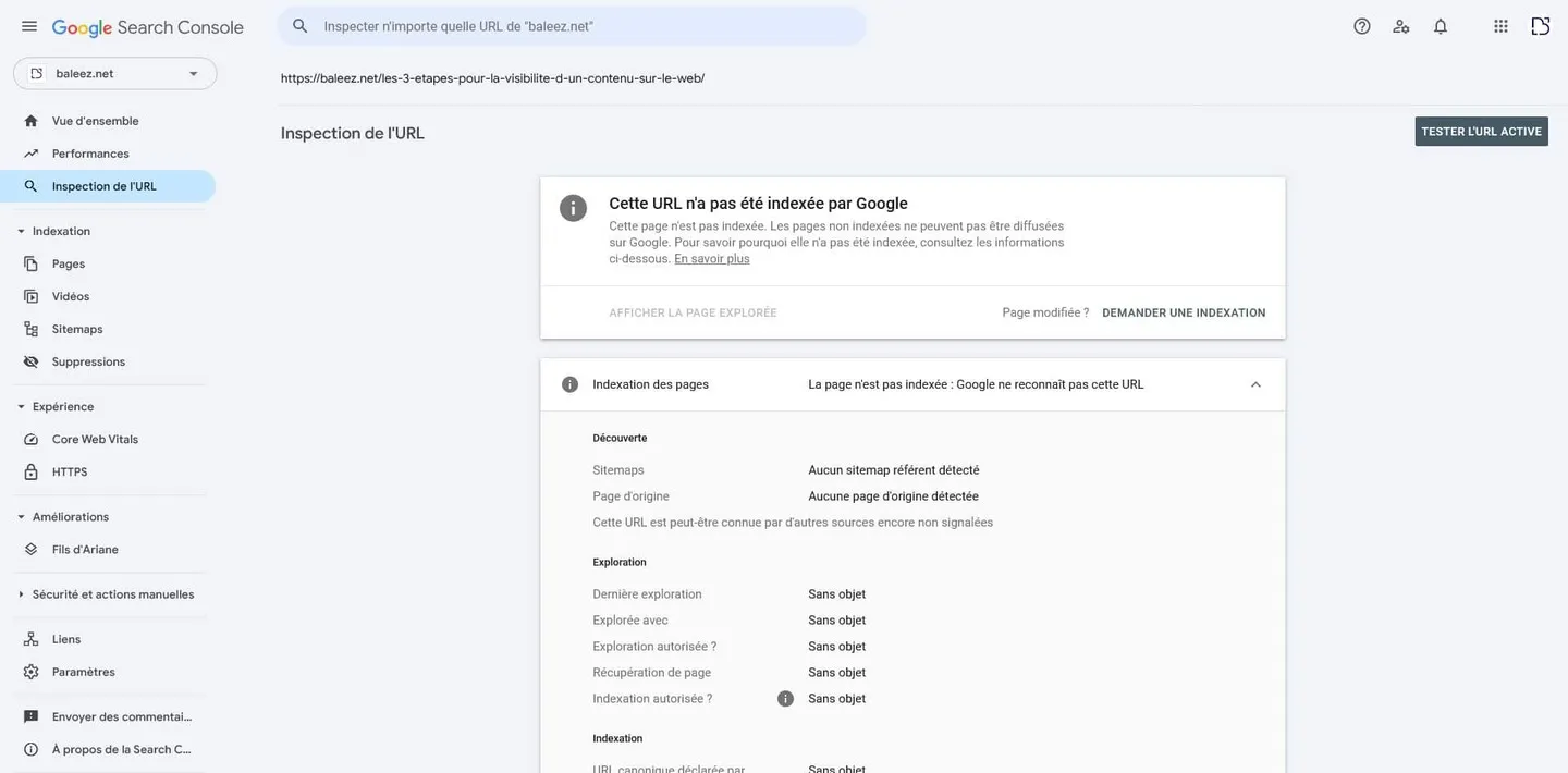 Résultat d'une analyse d'URL non-indexée sur la Google Search Console.