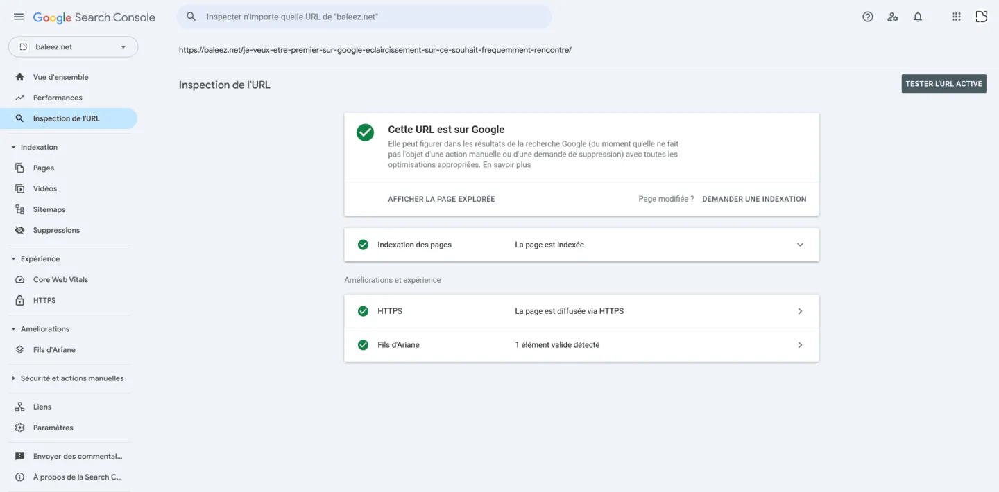 Résultat d'une analyse d'URL indexée sur la Google Search Console.