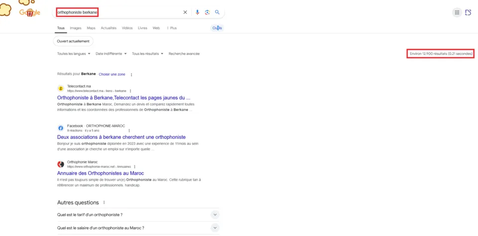 SERP de Google sur le mot-clé : orthophoniste berkane.