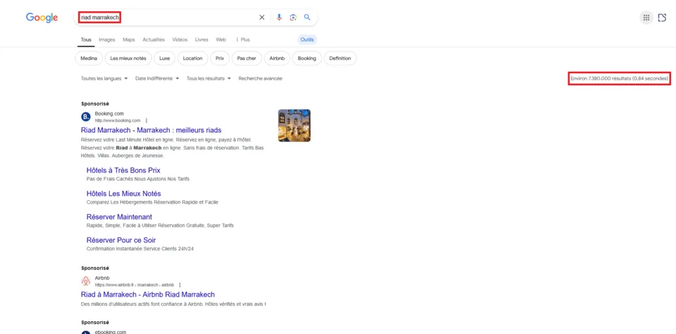 SERP de Google sur le mot-clé : riad marrakech.