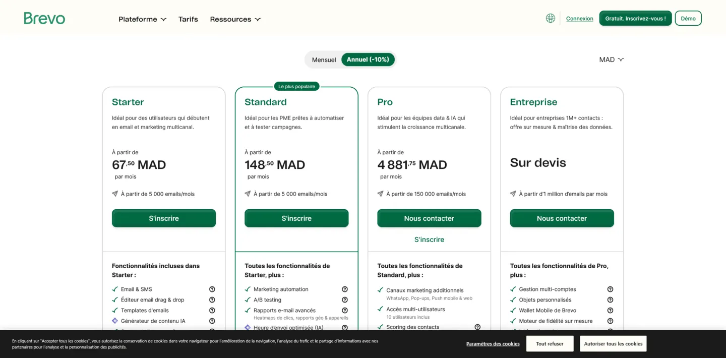 Tarifs d'emailing pratiqués par la plateforme Brevo.