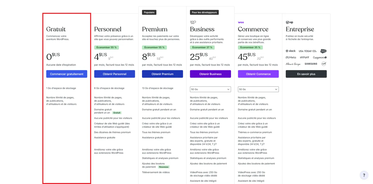 Plans proposés sur le site WordPress.com (dont plan gratuit).