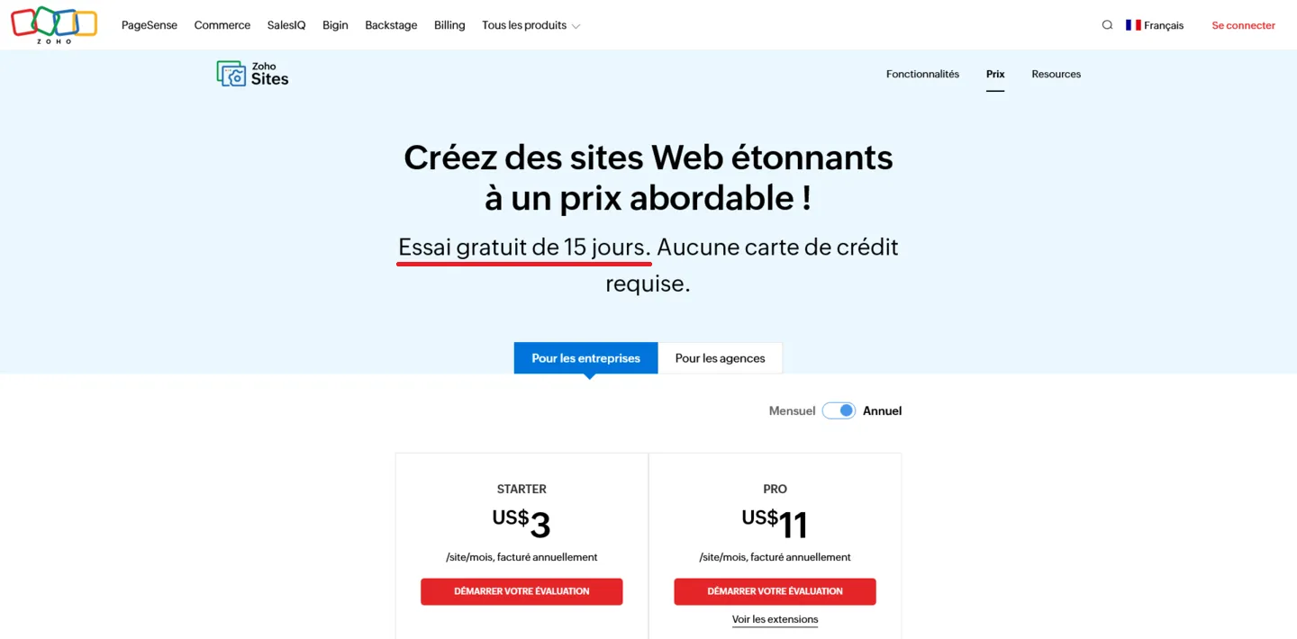 Plans proposés sur le site Zoho (dont essai gratuit de 15 jours).